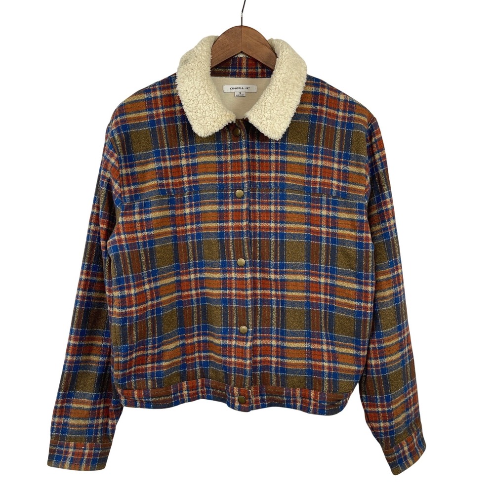 O'Neill Womens Plaid Trucker Jacket S Elbow Patch Cabincore Outdoors Rustic Surf